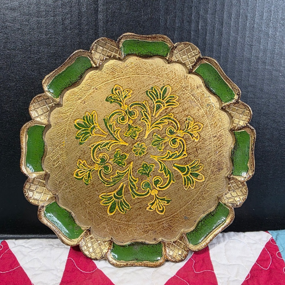 Vintage Florentia Italian Wood Tray Gold Gilt Green Scalloped Hand Made Italy